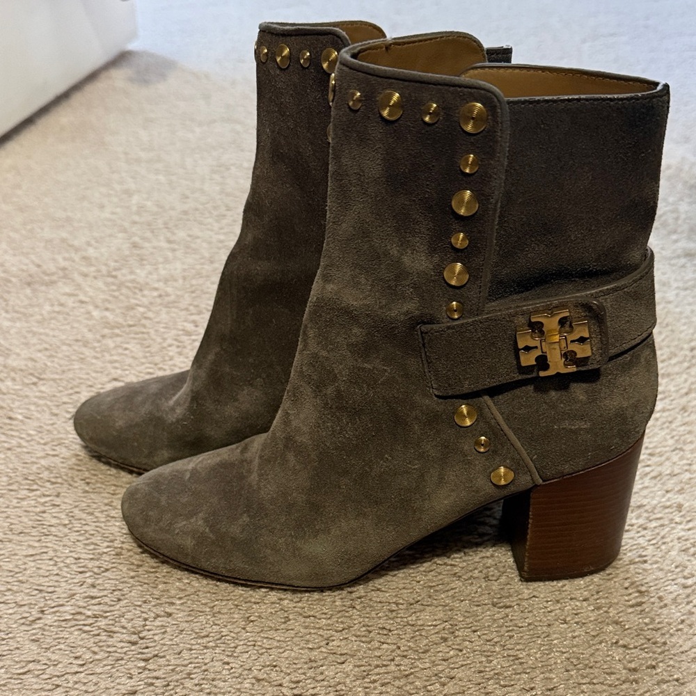 Tory Burch Gray Suede Ankle Boots with Gold Accents